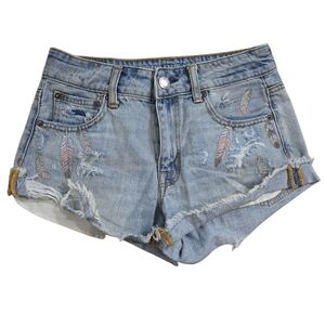 Distressed Denim Women Shorts American Eagle Embroidered Size 2